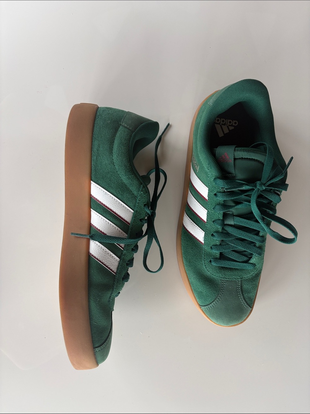 adidas Green Suede Sneakers with White Stripes and Gum Sole